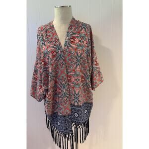 Ruby Rd Kimono XL Boho Paisley Fringe Cardigan Open Front Top Red Blue